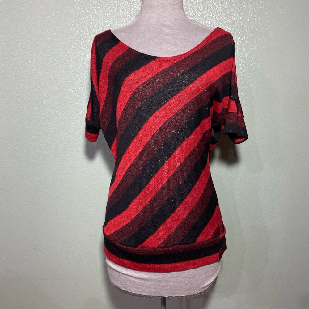 BONGO Red and Black Shimmery Striped Blouse